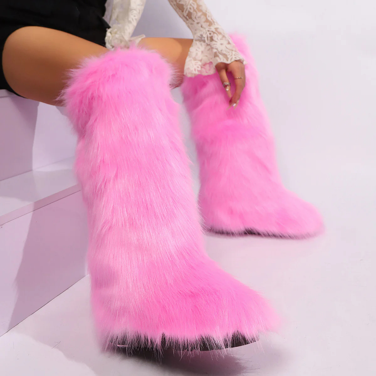 Baby Pink Tall Fuzzy Boots - Image 3