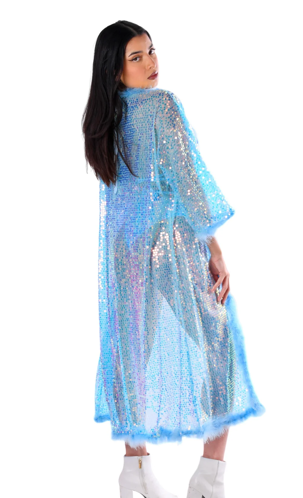 Fuzzy Long Sequin Kimono- Baby Blue