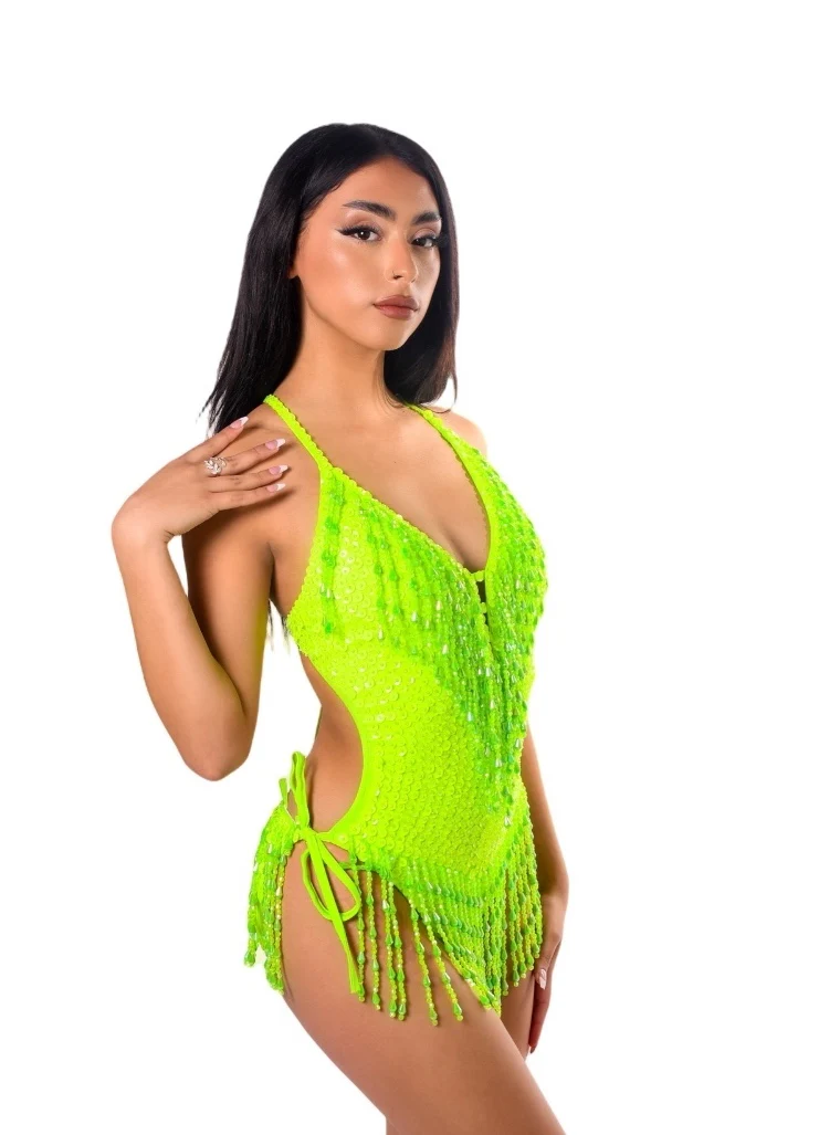 Hand Stitched Bodysuit-Neon Lime - Image 3