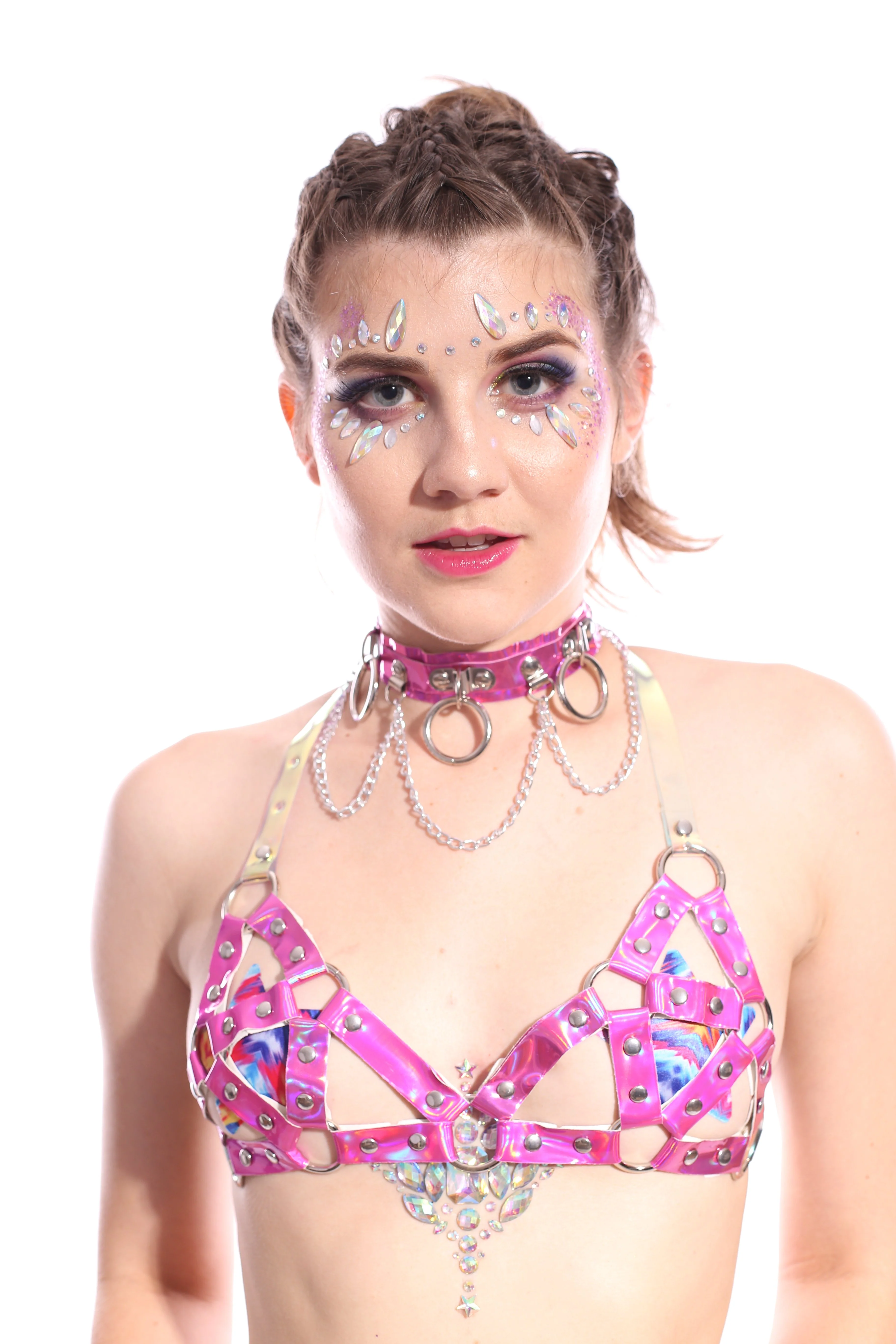 Hoop Chain Chocker in Rose Pink Hologram - Image 3