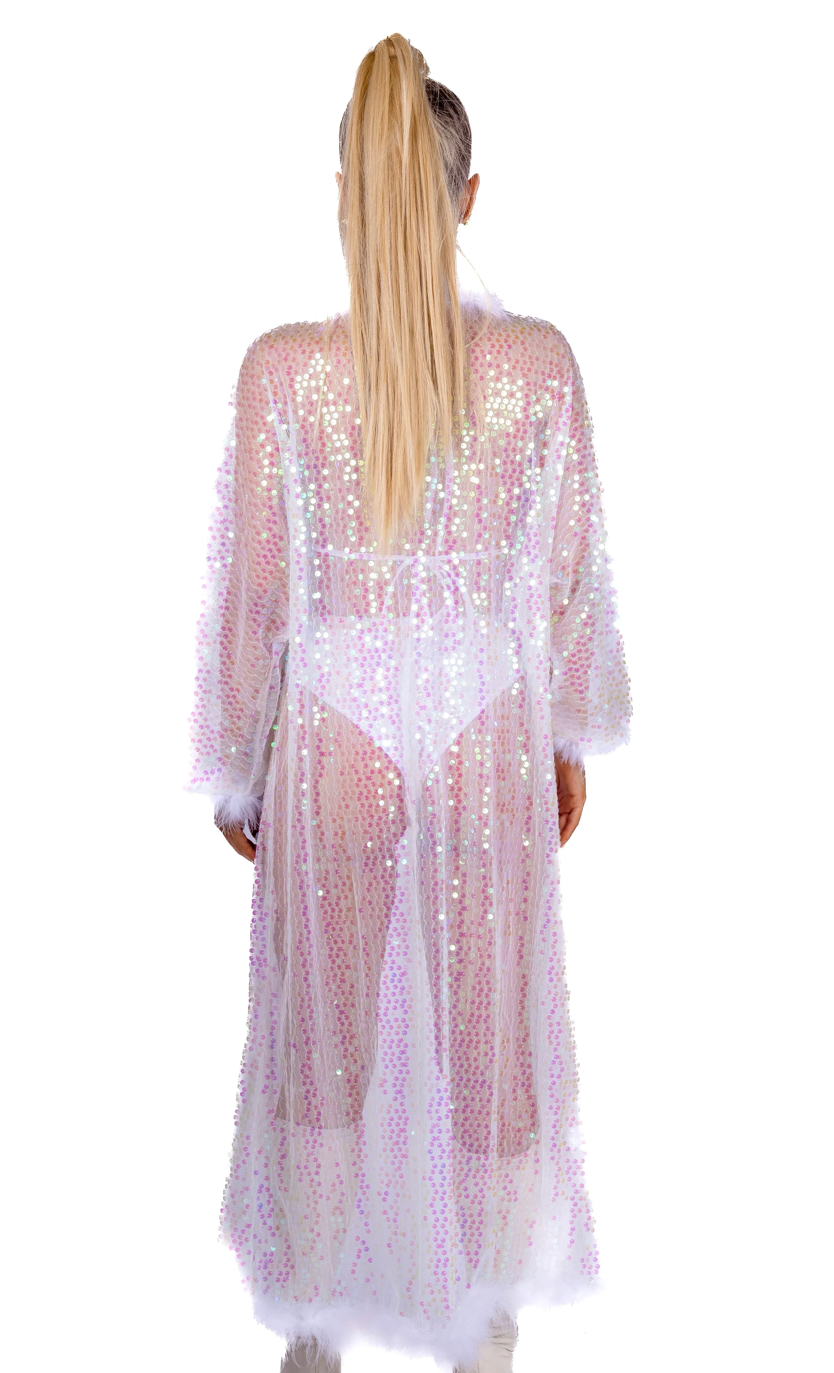 Long Fuzzy Sequin Kimono- Iridescent Pink - Image 3