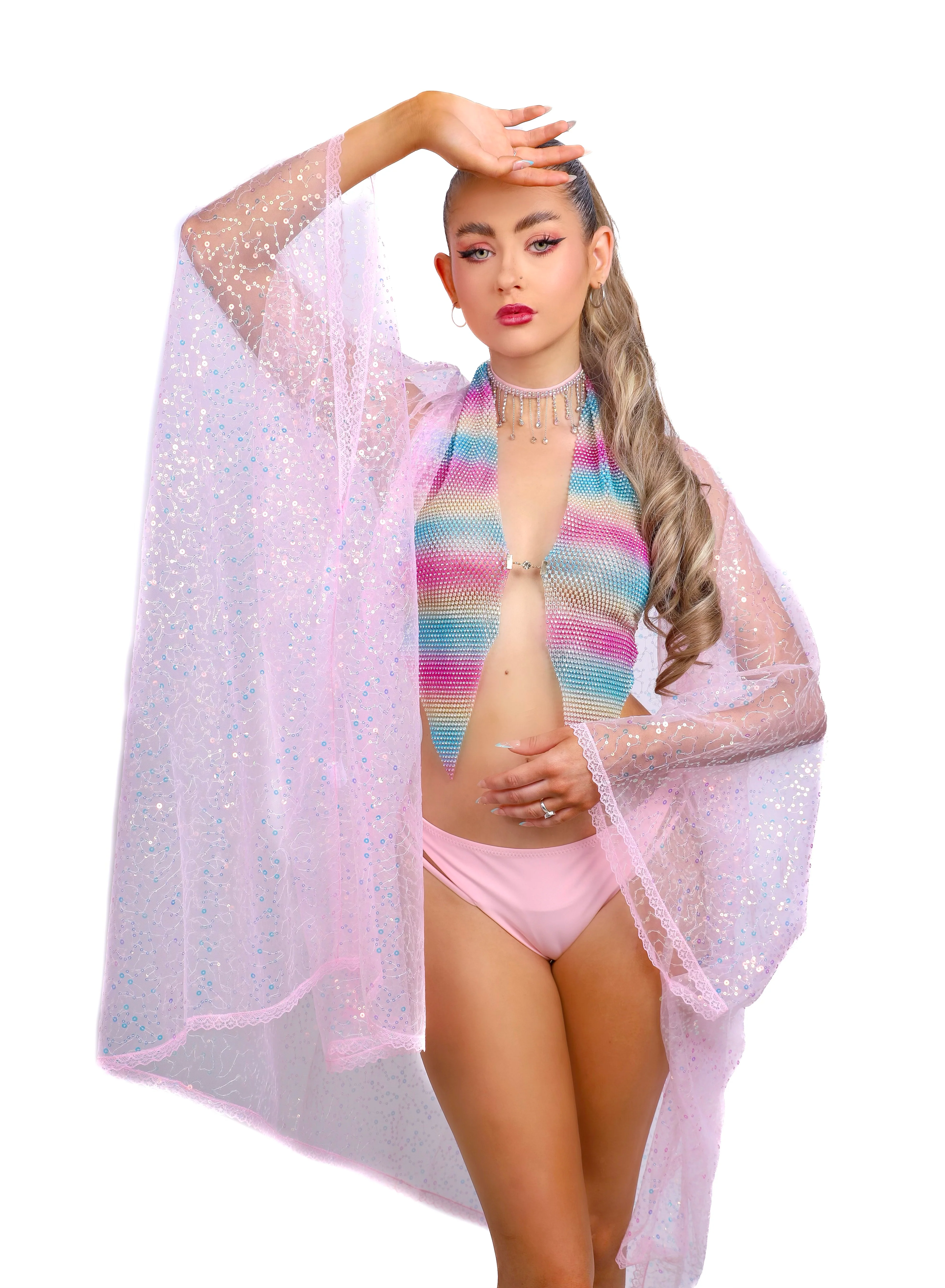 Rhinestone Fishnet Mesh Top- Rainbow Pastel - Image 3