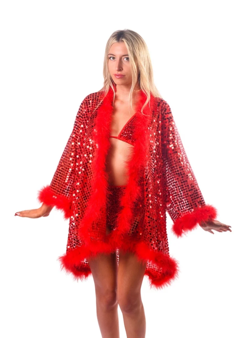 Sequin Fuzzy Kimono- Ruby Red - Image 2