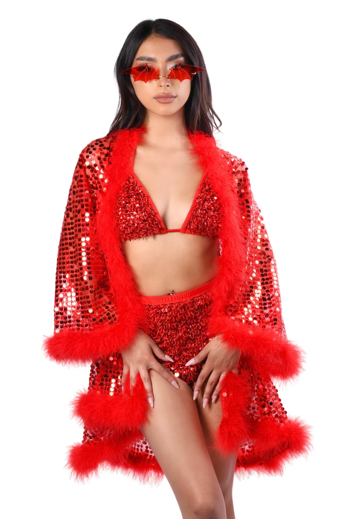 Sequin Fuzzy Kimono- Ruby Red - Image 5