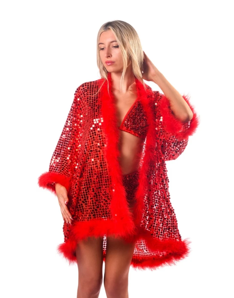 Sequin Fuzzy Kimono- Ruby Red - Image 6
